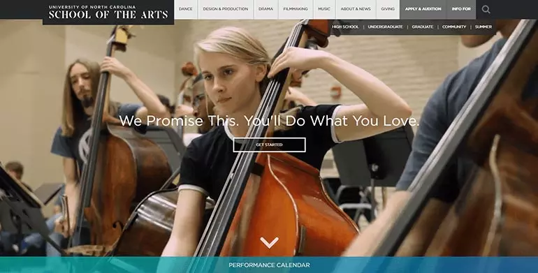 University of North Carolina School of the Arts’ home page showcases stunning footage from student performances and rehearsals—giving prospective students a glimpse into what it’s like to study dance, design and production, drama, filmmaking, and music at the school.